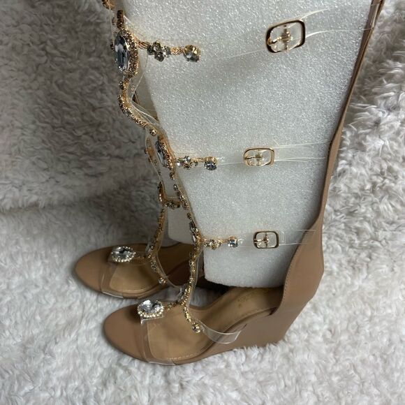 Shoe Dazzle Yulanda clear Gladiator wedge sandals jewels&gold tone accents SZ8.5 - Picture 6 of 14